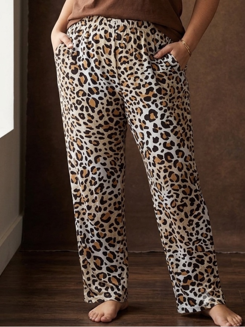 Leopard-Print Wide Leg Pants in Brown/Black